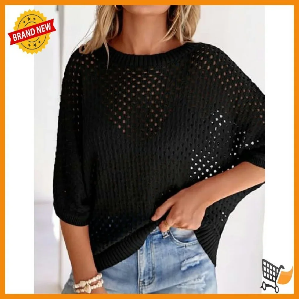 Crochet Hollow Out Batwing Sleeve Summer Pullover Sweater
